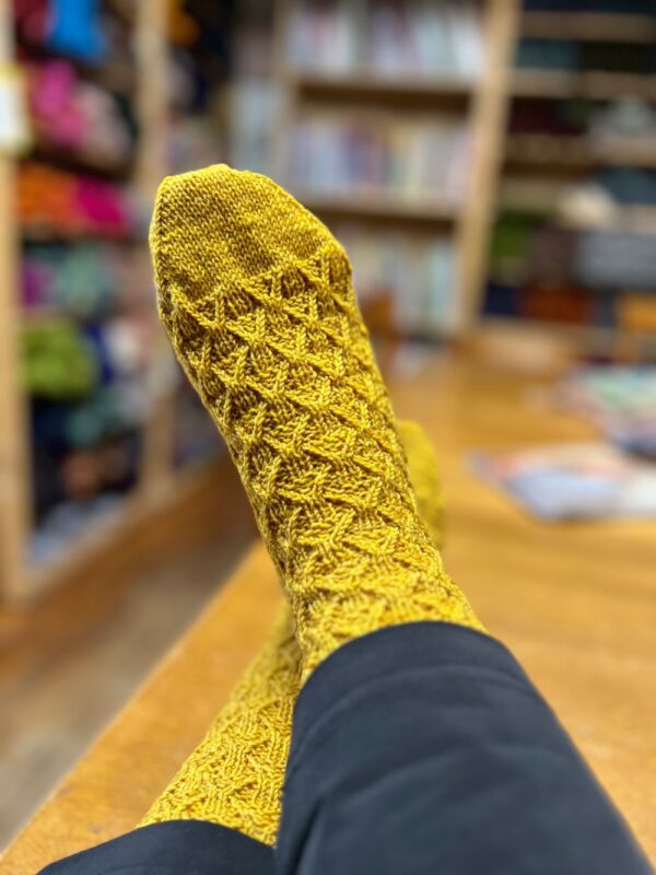 Hand-Knitted Mustard Yellow Socks with Geometric Pattern