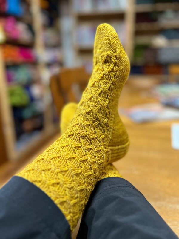 Hand-Knitted Mustard Yellow Socks with Geometric Pattern - Image 2