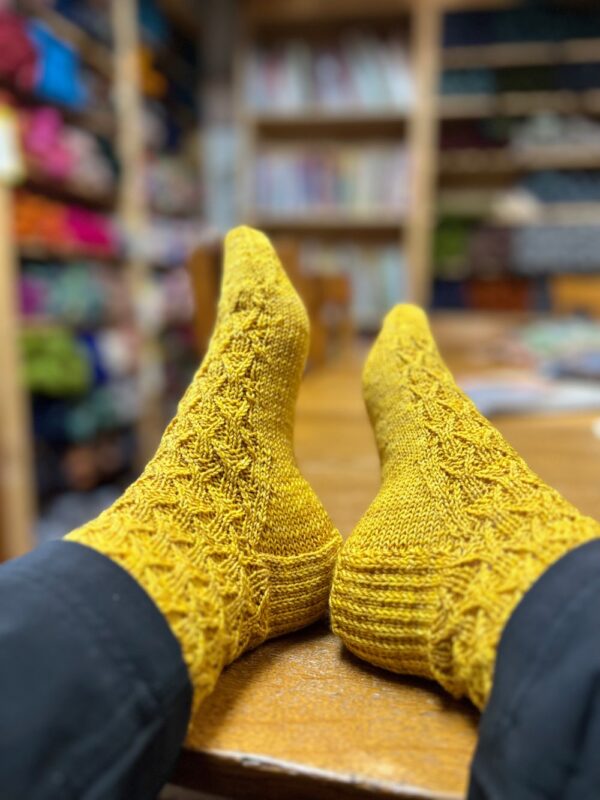 Hand-Knitted Mustard Yellow Socks with Geometric Pattern - Image 3